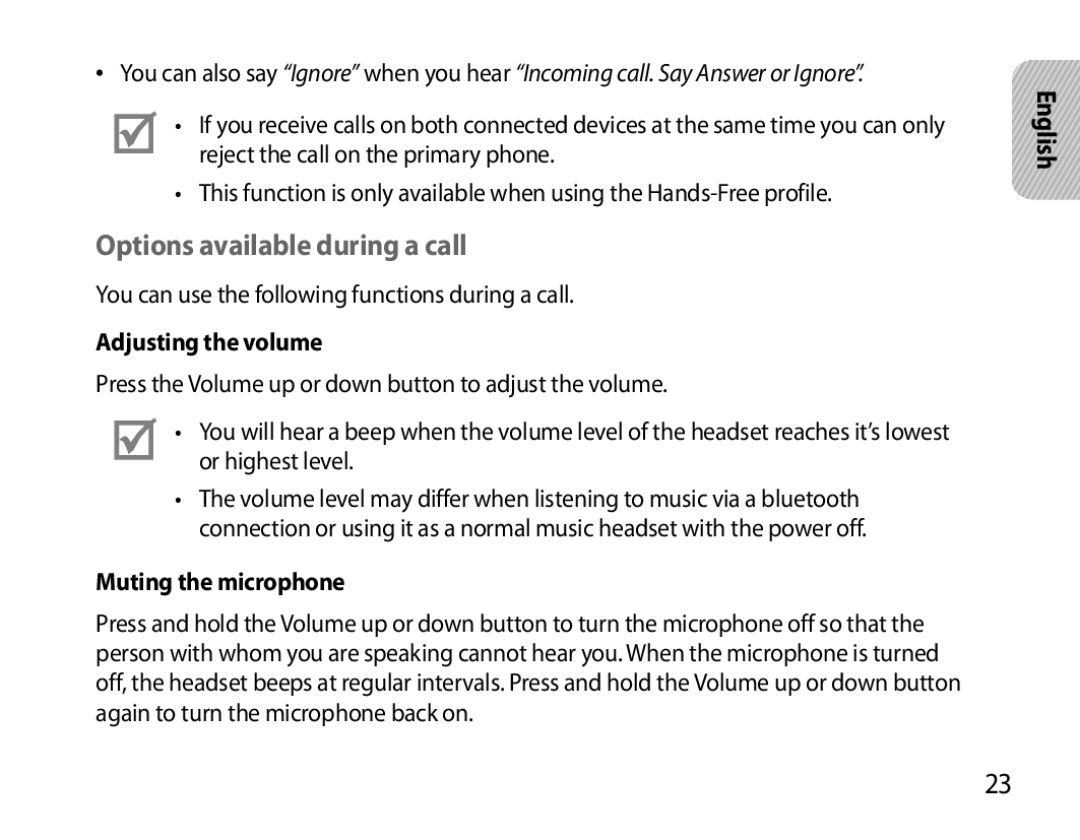 Samsung BHS6000EBECFOP, BHS6000EBECXEF manual Options available during a call, Adjusting the volume, Muting the microphone 