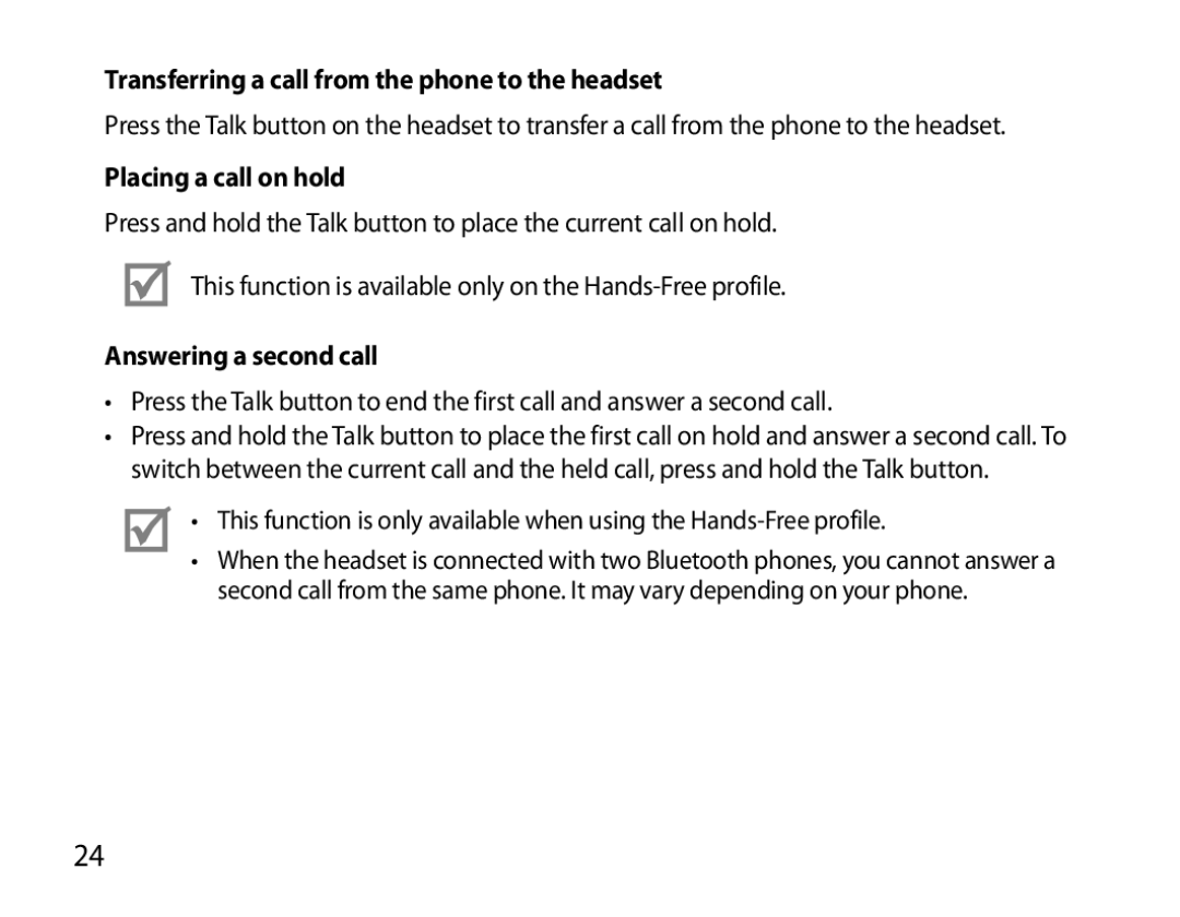 Samsung BHS6000EBECCRO Transferring a call from the phone to the headset, Placing a call on hold, Answering a second call 