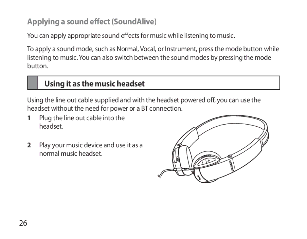 Samsung BHS6000EBECXEE, BHS6000EBECXEF, BHS6000EBECFOP Applying a sound effect SoundAlive, Using it as the music headset 