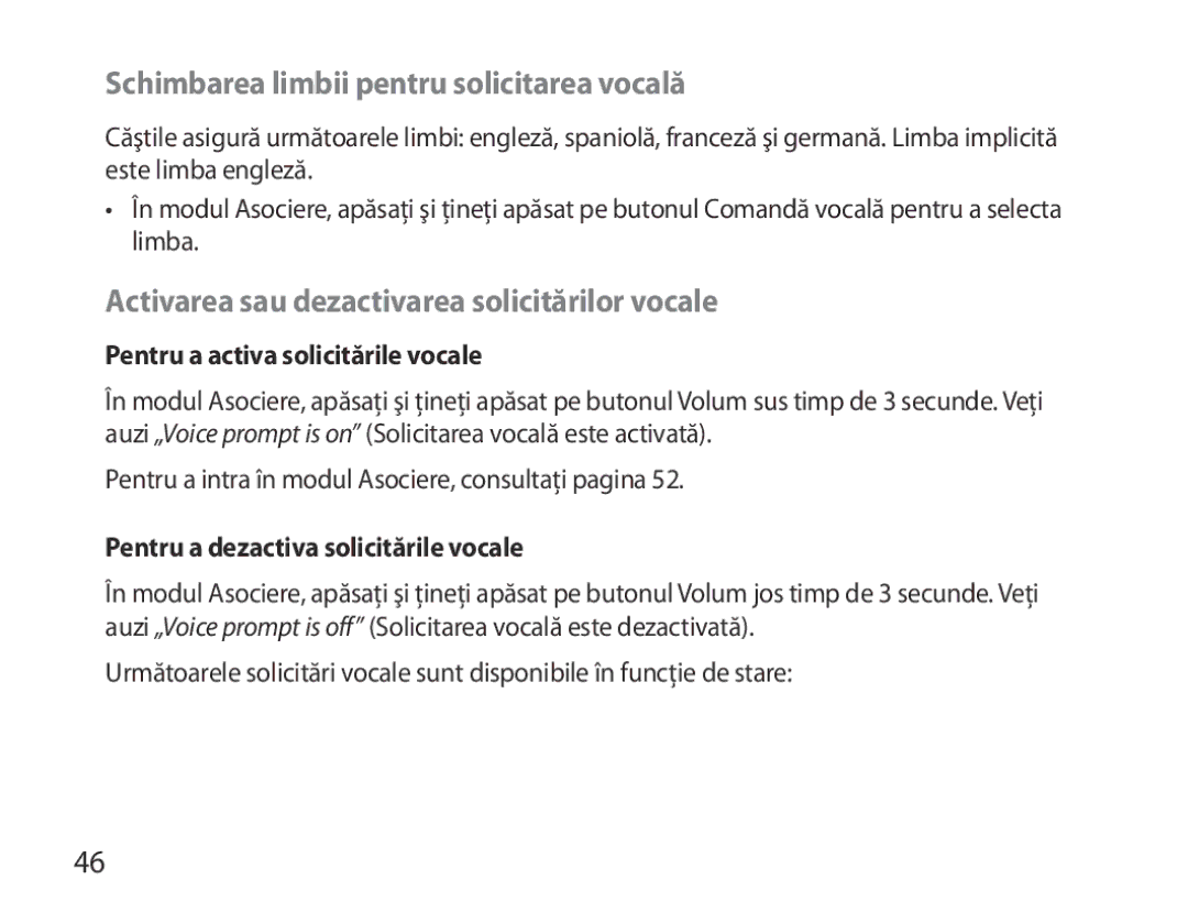 Samsung BHS6000EBECXEF manual Schimbarea limbii pentru solicitarea vocală, Activarea sau dezactivarea solicitărilor vocale 