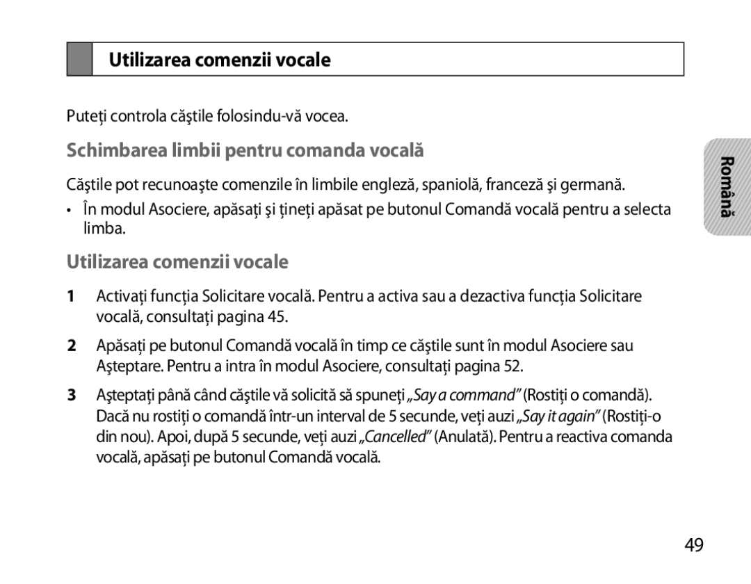 Samsung BHS6000EBECXEH, BHS6000EBECXEF, BHS6000EBECFOP Utilizarea comenzii vocale, Schimbarea limbii pentru comanda vocală 