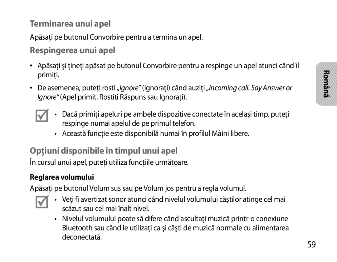 Samsung BHS6000EBECHAT manual Terminarea unui apel, Respingerea unui apel, Opţiuni disponibile în timpul unui apel 