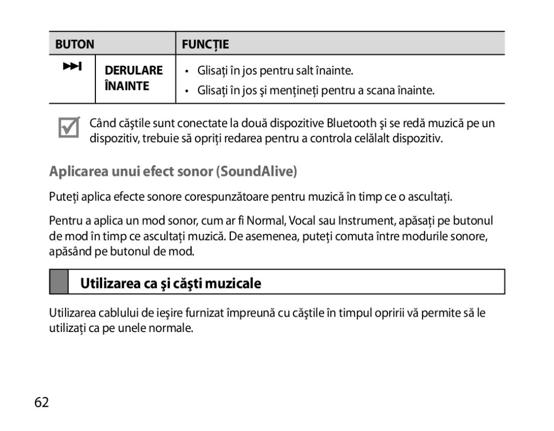 Samsung BHS6000EBECXEF, BHS6000EBECFOP manual Aplicarea unui efect sonor SoundAlive, Utilizarea ca şi căşti muzicale 