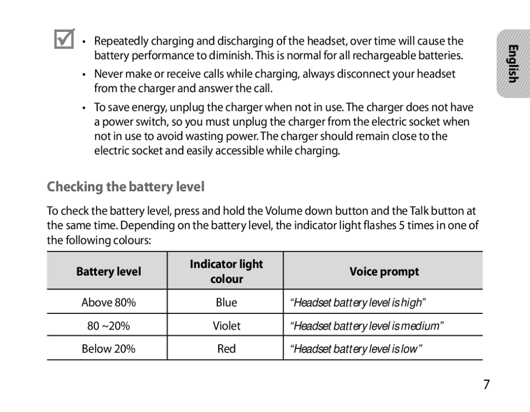 Samsung BHS6000EBECFOP, BHS6000EBECXEF manual Checking the battery level, Battery level Indicator light Voice prompt 