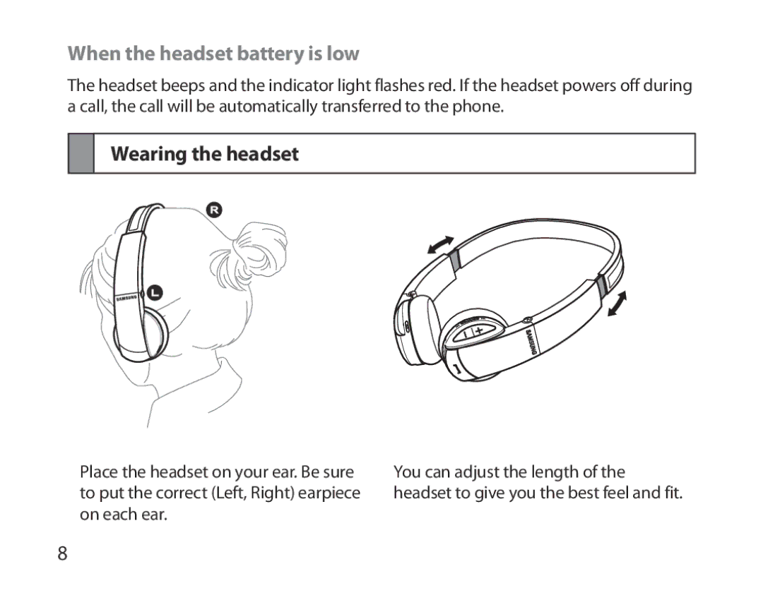 Samsung BHS6000EBECCRO, BHS6000EBECXEF, BHS6000EBECFOP, BHS6000EBECXEH When the headset battery is low, Wearing the headset 