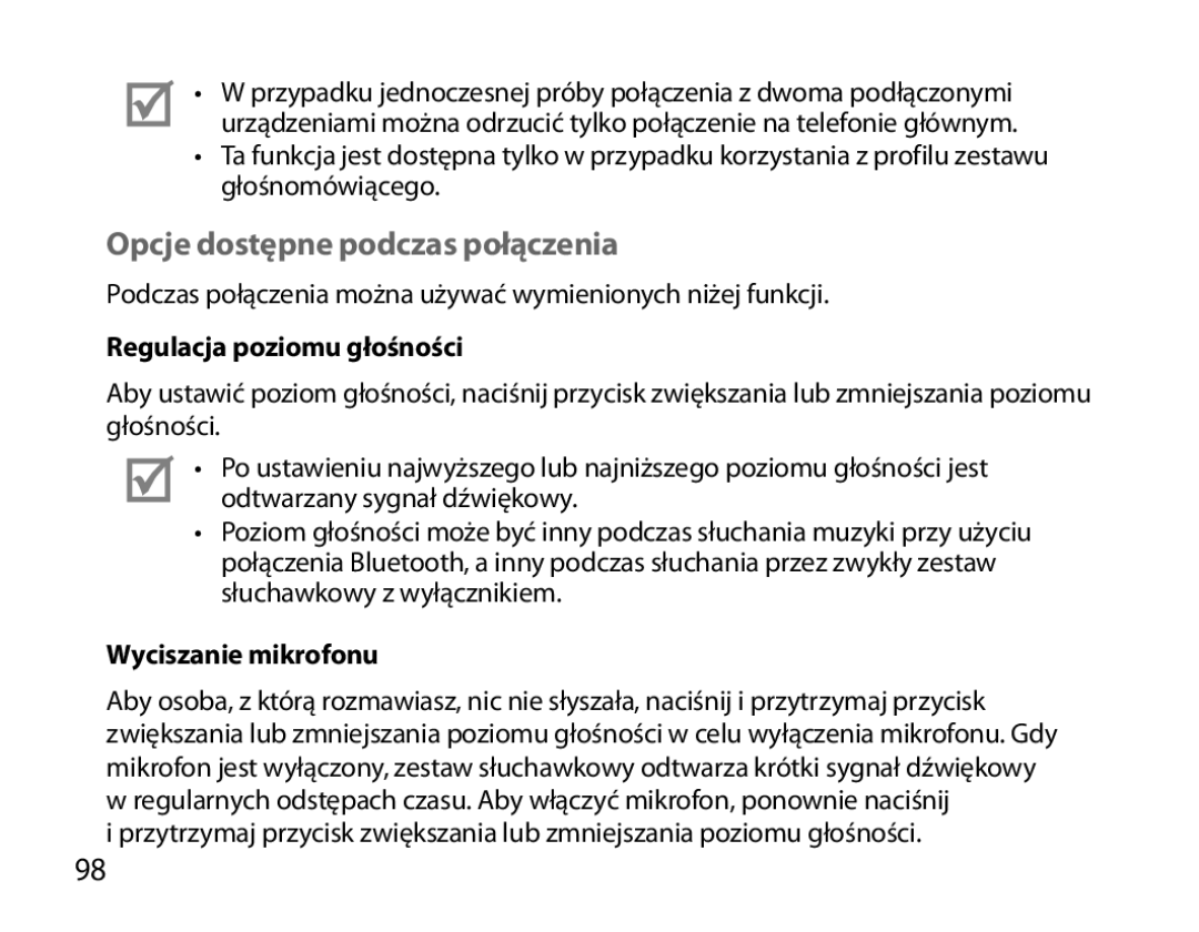 Samsung BHS6000EBECXEE manual Opcje dostępne podczas połączenia, Regulacja poziomu głośności, Wyciszanie mikrofonu 