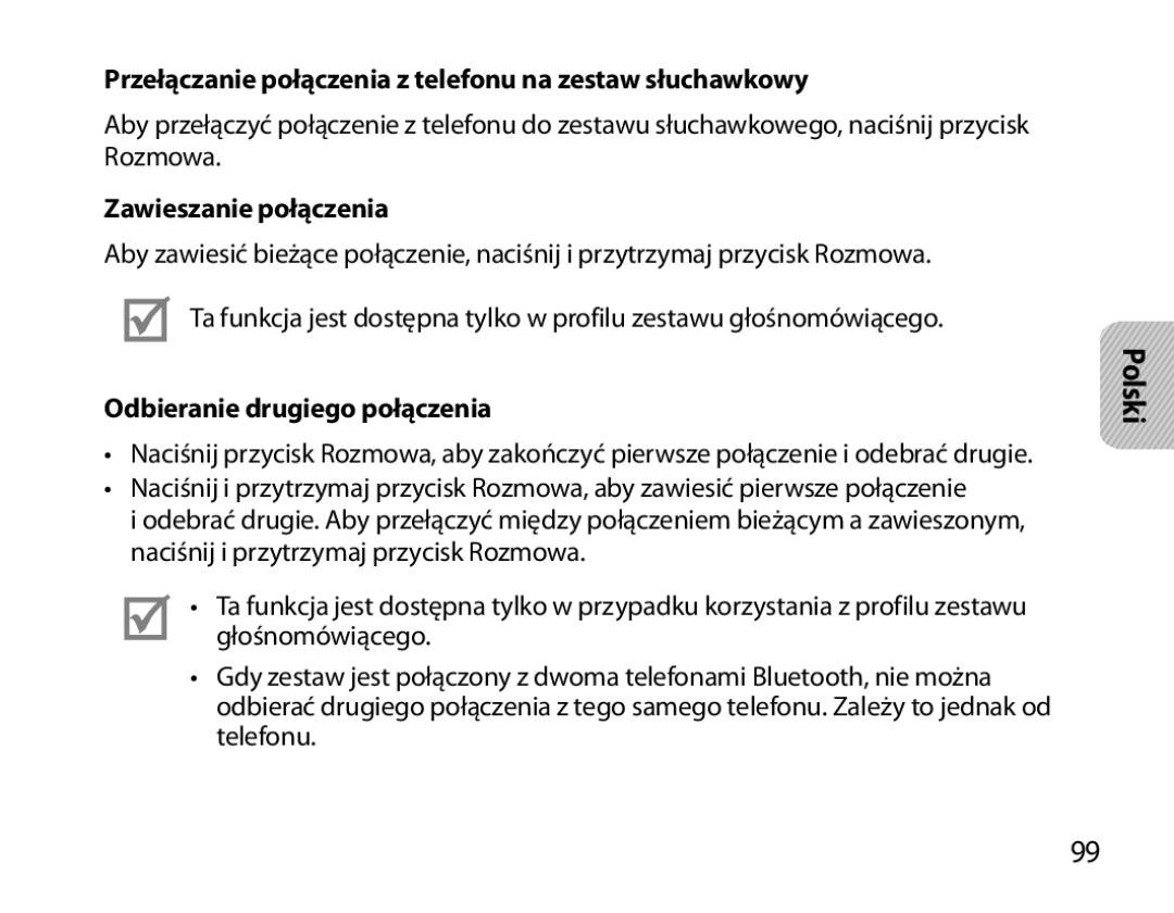 Samsung BHS6000EBECHAT, BHS6000EBECXEF Przełączanie połączenia z telefonu na zestaw słuchawkowy, Zawieszanie połączenia 