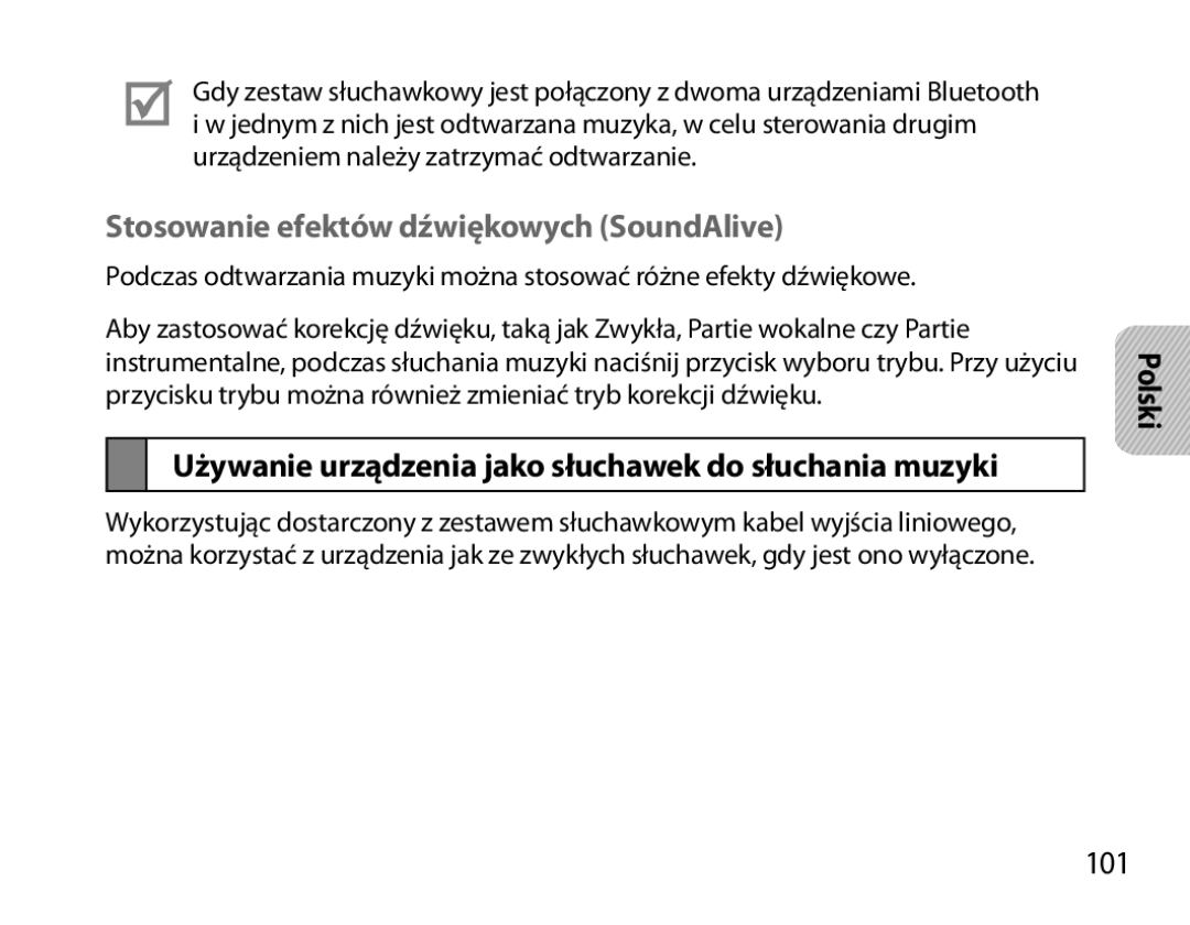 Samsung BHS6000EMECXEH Stosowanie efektów dźwiękowych SoundAlive, Używanie urządzenia jako słuchawek do słuchania muzyki 