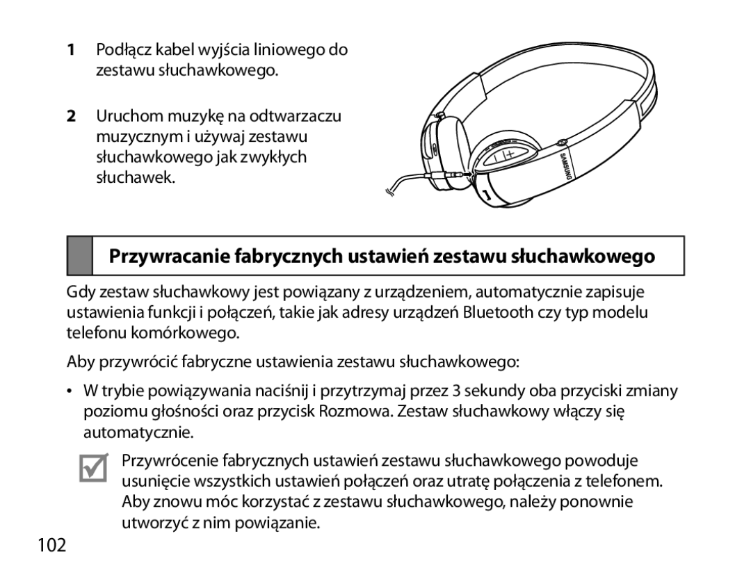 Samsung BHS6000EBECXEF, BHS6000EBECFOP, BHS6000EBECCRO manual Przywracanie fabrycznych ustawień zestawu słuchawkowego, 102 