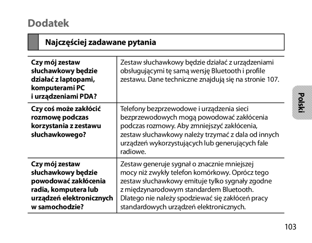 Samsung BHS6000EBECFOP, BHS6000EBECXEF, BHS6000EBECCRO, BHS6000EBECXEH manual Dodatek, Najczęściej zadawane pytania, 103 