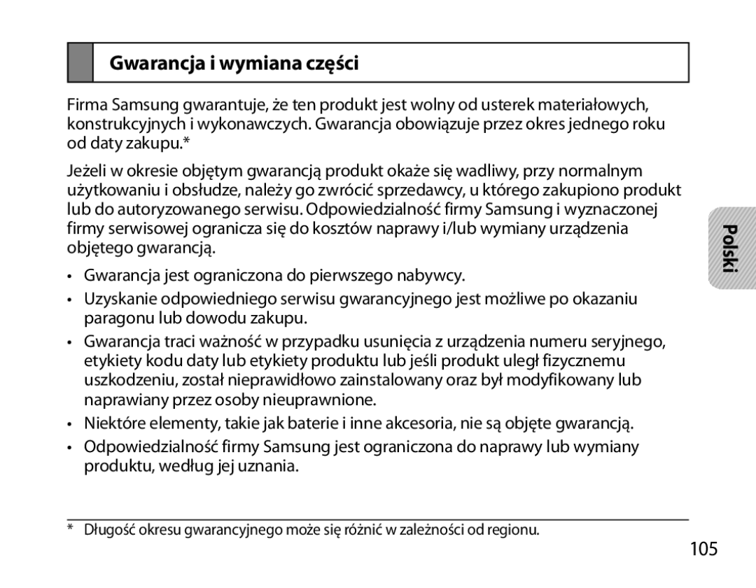 Samsung BHS6000EBECXEH, BHS6000EBECXEF, BHS6000EBECFOP, BHS6000EBECCRO, BHS6000EBECXEE manual Gwarancja i wymiana części, 105 