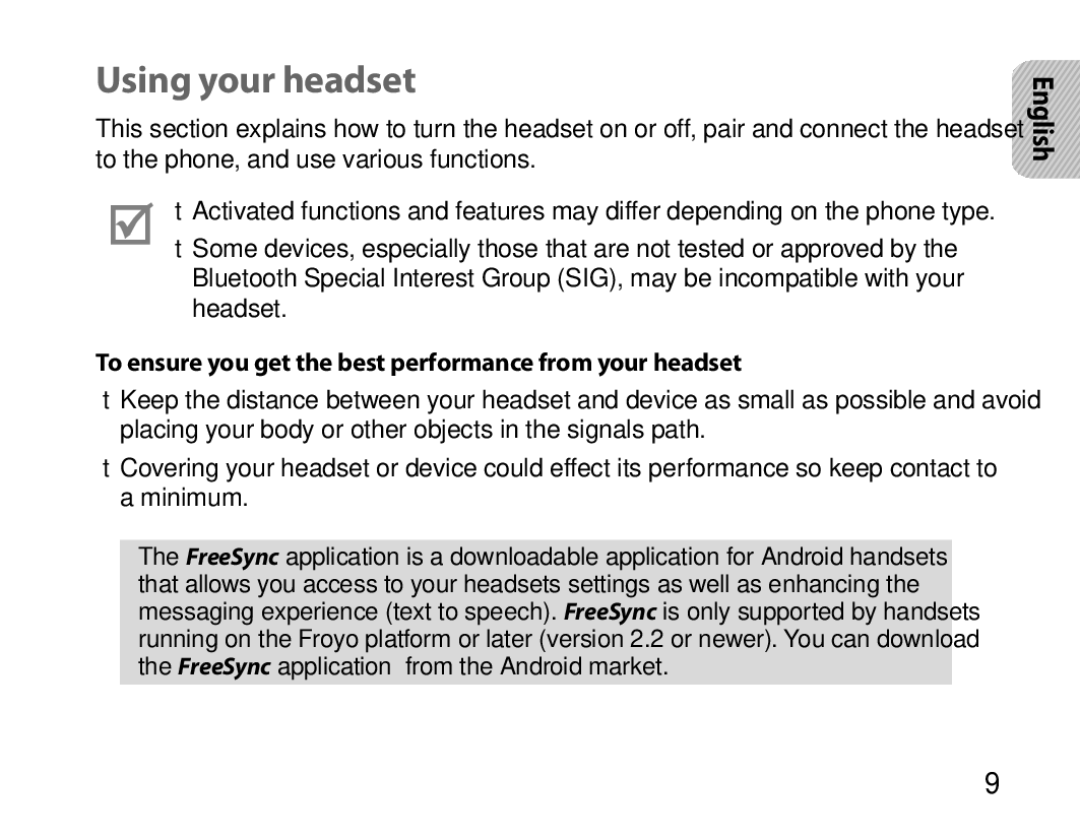 Samsung BHS6000EBECXEH, BHS6000EBECXEF manual Using your headset, To ensure you get the best performance from your headset 