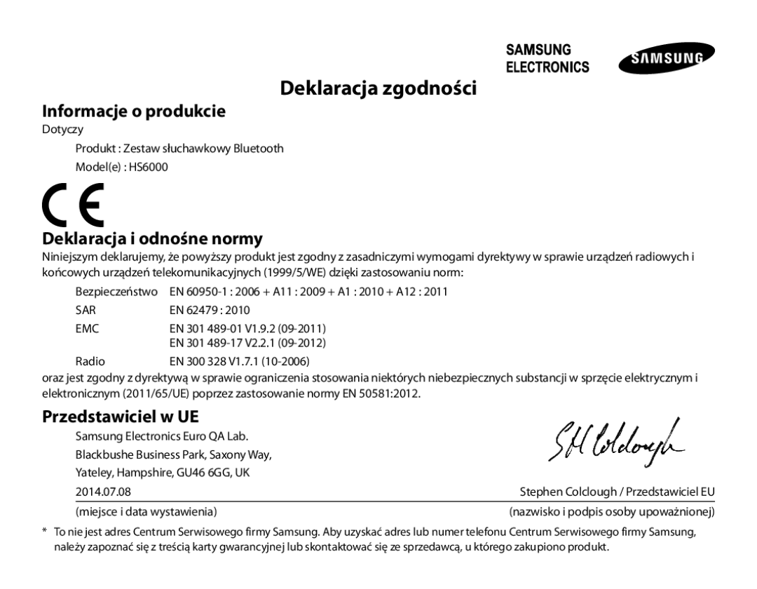 Samsung BHS6000EBECFOP manual Deklaracja zgodności, Informacje o produkcie, Deklaracja i odnośne normy, Przedstawiciel w UE 