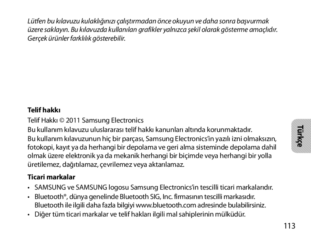 Samsung BHS6000EBECXEH, BHS6000EBECXEF, BHS6000EBECFOP, BHS6000EBECCRO manual 113, Telif hakkı, Ticari markalar, Türkçe 