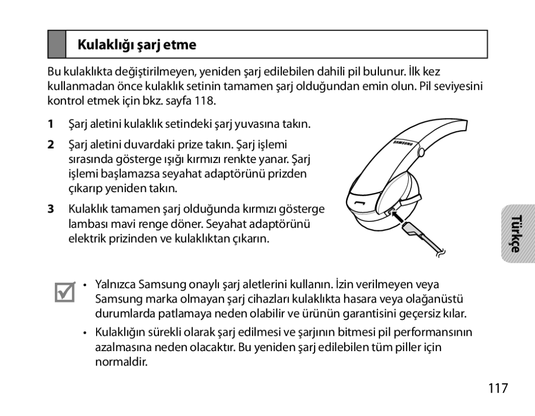 Samsung BHS6000EMECXEH, BHS6000EBECXEF, BHS6000EBECFOP, BHS6000EBECCRO, BHS6000EBECXEH manual Kulaklığı şarj etme, 117 