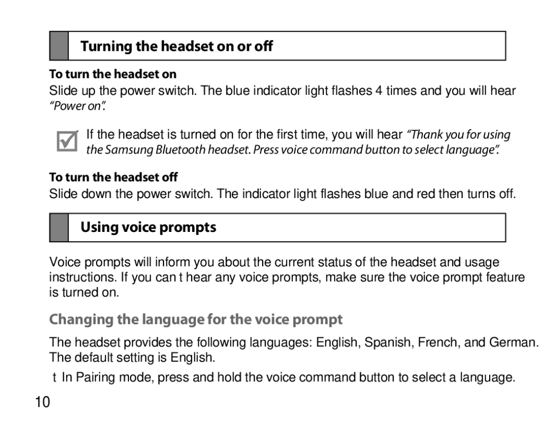 Samsung BHS6000EBECXEE Turning the headset on or off, Using voice prompts, Changing the language for the voice prompt 