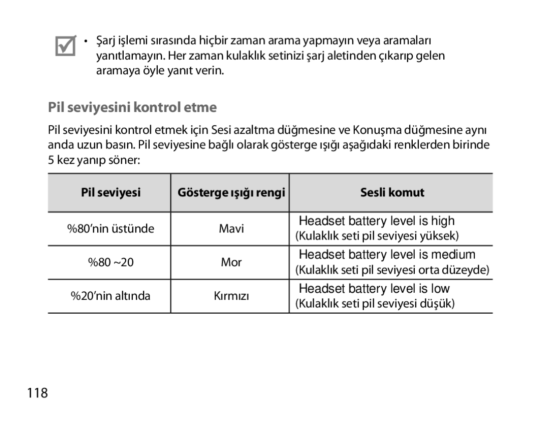 Samsung BHS6000EBECXEF, BHS6000EBECFOP, BHS6000EBECCRO, BHS6000EBECXEH manual Pil seviyesini kontrol etme, 118, Sesli komut 