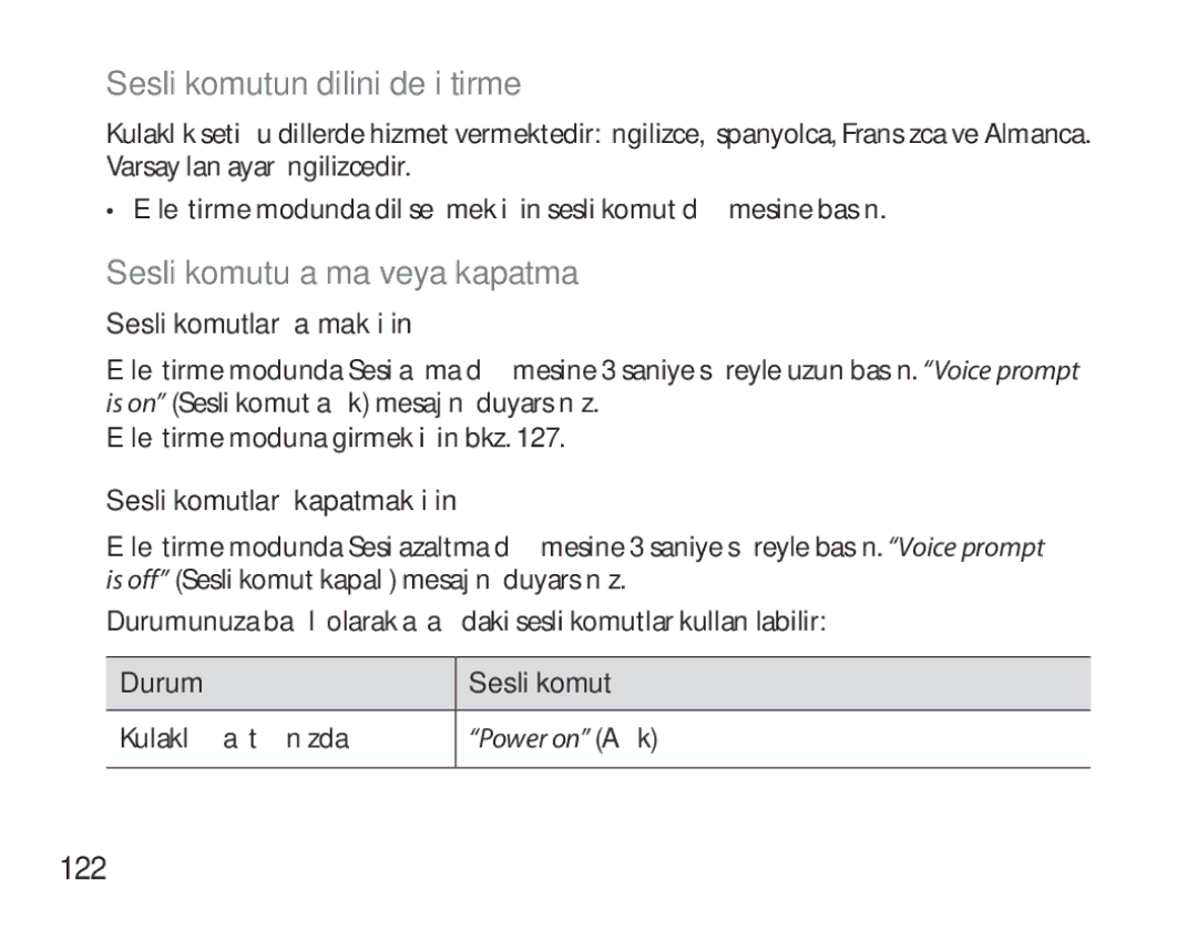 Samsung BHS6000EBECXEE, BHS6000EBECXEF, BHS6000EBECFOP Sesli komutun dilini değiştirme, Sesli komutu açma veya kapatma, 122 