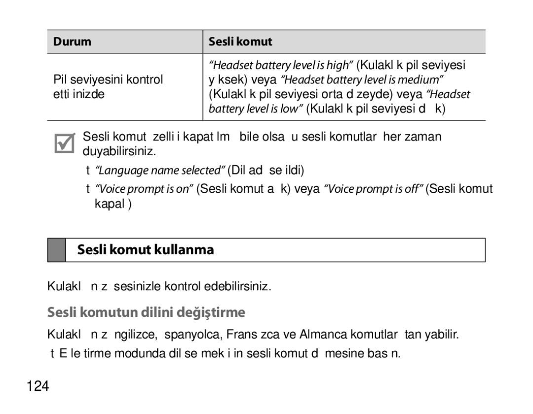 Samsung BHS6000EPECXEH, BHS6000EBECXEF, BHS6000EBECFOP, BHS6000EBECCRO manual Sesli komut kullanma, 124, Durum Sesli komut 