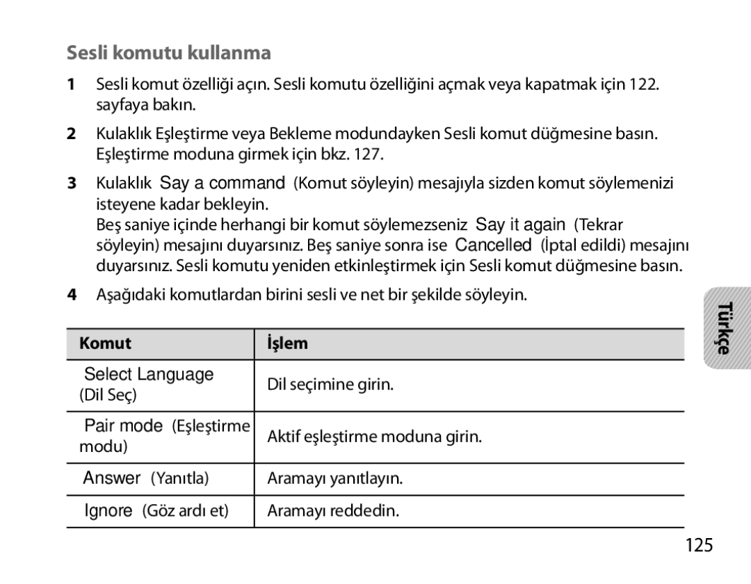 Samsung BHS6000EMECXEH, BHS6000EBECXEF, BHS6000EBECFOP, BHS6000EBECCRO manual Sesli komutu kullanma, 125, Komut İşlem 