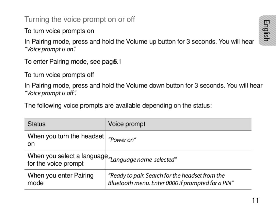 Samsung BHS6000EBECHAT manual Turning the voice prompt on or off, To turn voice prompts on, To turn voice prompts off 