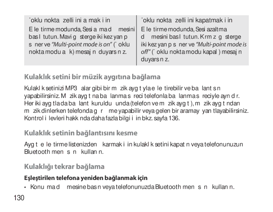 Samsung BHS6000EBECXEE manual Kulaklık setini bir müzik aygıtına bağlama, Kulaklık setinin bağlantısını kesme, 130 