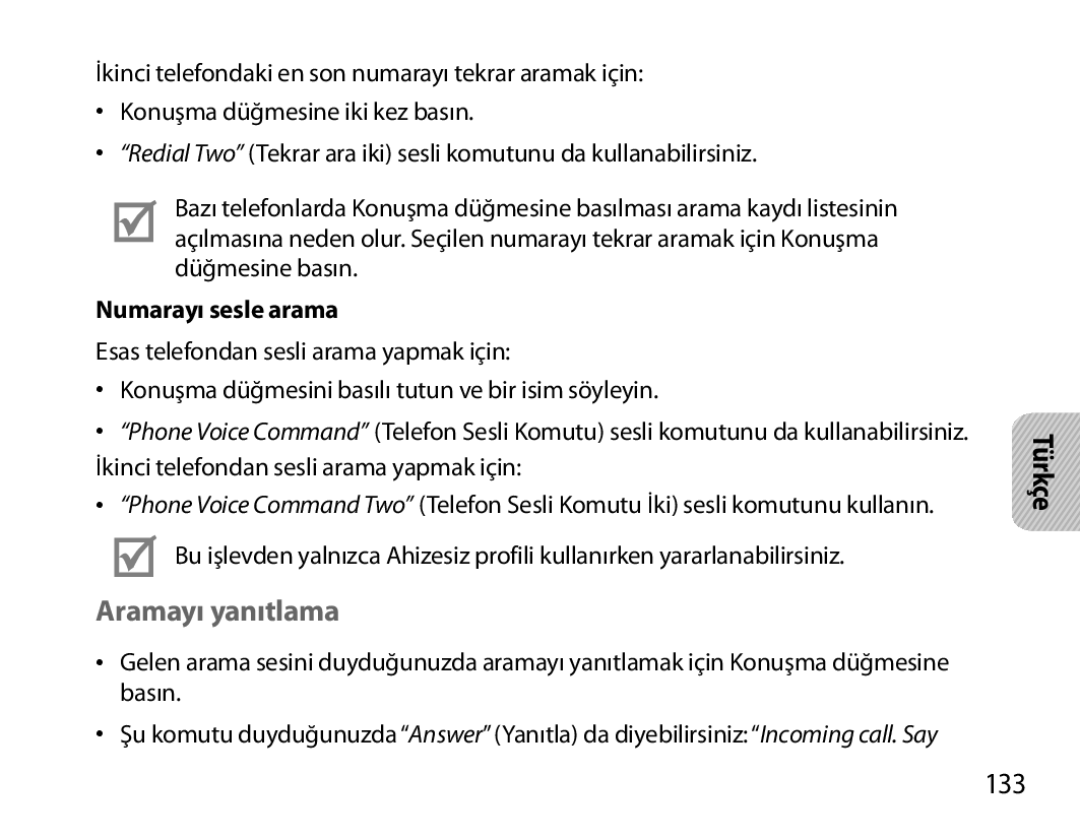 Samsung BHS6000EMECXEH, BHS6000EBECXEF, BHS6000EBECFOP, BHS6000EBECCRO manual Aramayı yanıtlama, 133, Numarayı sesle arama 