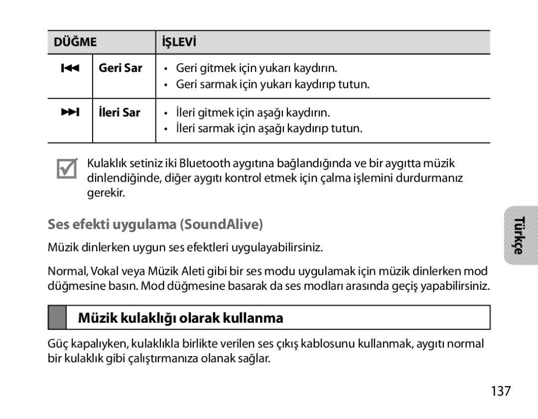 Samsung BHS6000EBECXEH, BHS6000EBECXEF Ses efekti uygulama SoundAlive, Müzik kulaklığı olarak kullanma, 137, İleri Sar 