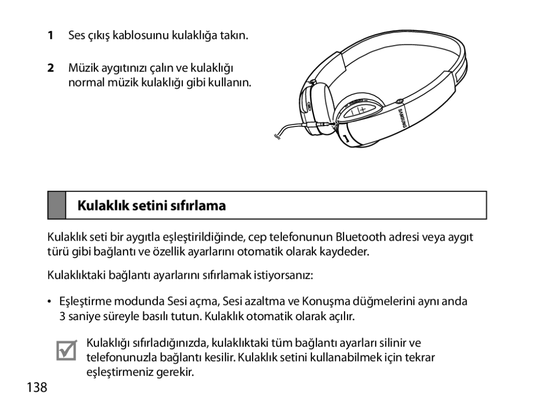 Samsung BHS6000EBECXEE, BHS6000EBECXEF, BHS6000EBECFOP, BHS6000EBECCRO, BHS6000EBECXEH manual Kulaklık setini sıfırlama, 138 