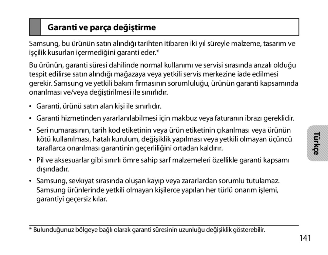 Samsung BHS6000EMECXEH, BHS6000EBECXEF, BHS6000EBECFOP, BHS6000EBECCRO, BHS6000EBECXEH manual Garanti ve parça değiştirme, 141 