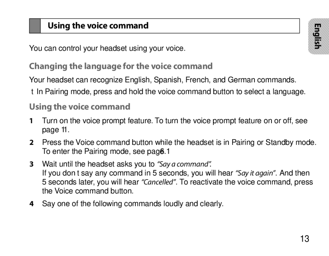 Samsung BHS6000EMECXEH, BHS6000EBECXEF, BHS6000EBECFOP Using the voice command, Changing the language for the voice command 