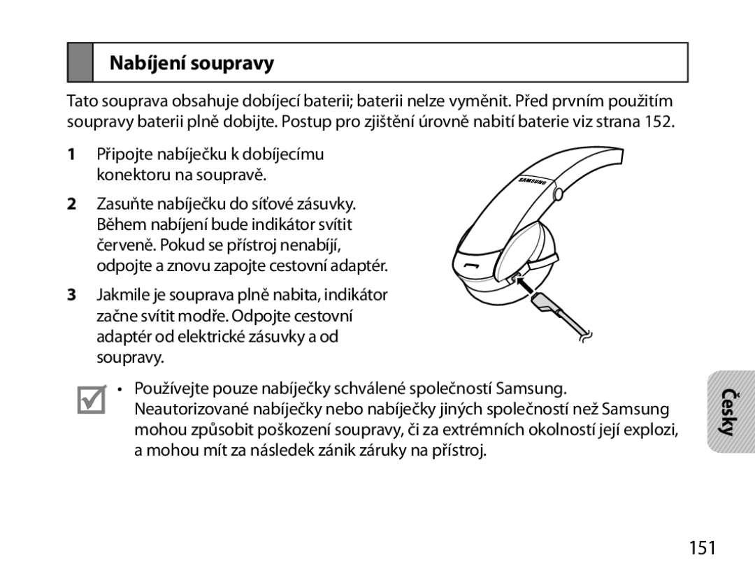 Samsung BHS6000EBECFOP, BHS6000EBECXEF, BHS6000EBECCRO, BHS6000EBECXEH, BHS6000EBECXEE, BHS6000EBECHAT Nabíjení soupravy, 151 