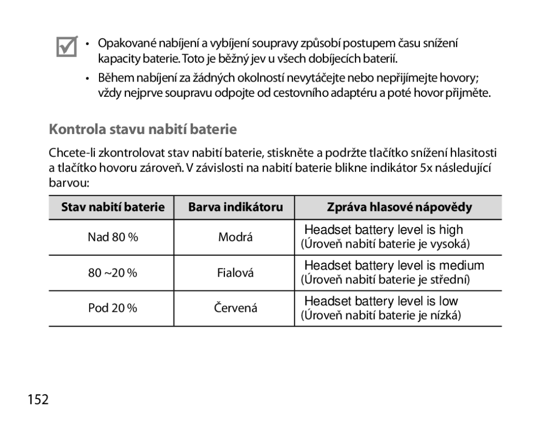 Samsung BHS6000EBECCRO, BHS6000EBECXEF, BHS6000EBECFOP, BHS6000EBECXEH, BHS6000EBECXEE Kontrola stavu nabití baterie, 152 