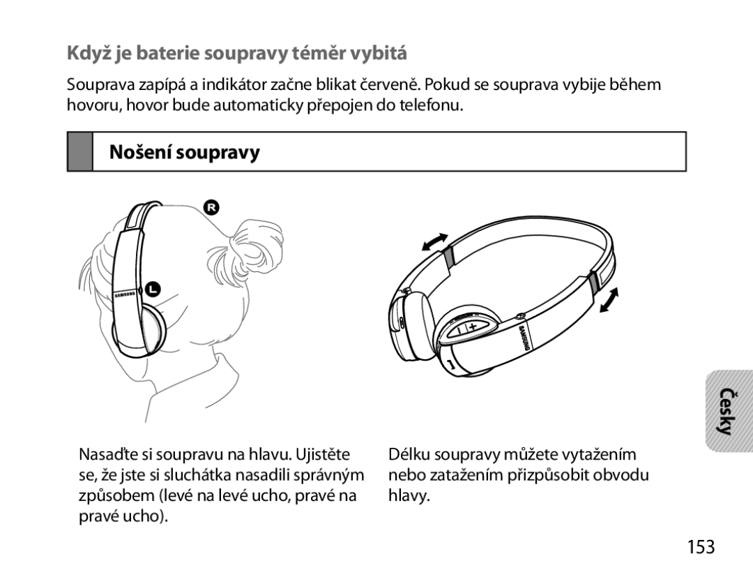 Samsung BHS6000EBECXEH, BHS6000EBECXEF, BHS6000EBECFOP manual Když je baterie soupravy téměr vybitá, Nošení soupravy, 153 