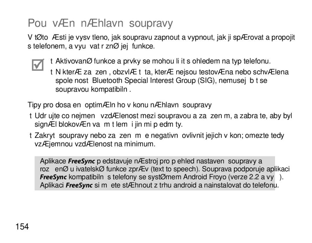 Samsung BHS6000EBECXEE manual Používání náhlavní soupravy, 154, Tipy pro dosažení optimálního výkonu náhlavní soupravy 