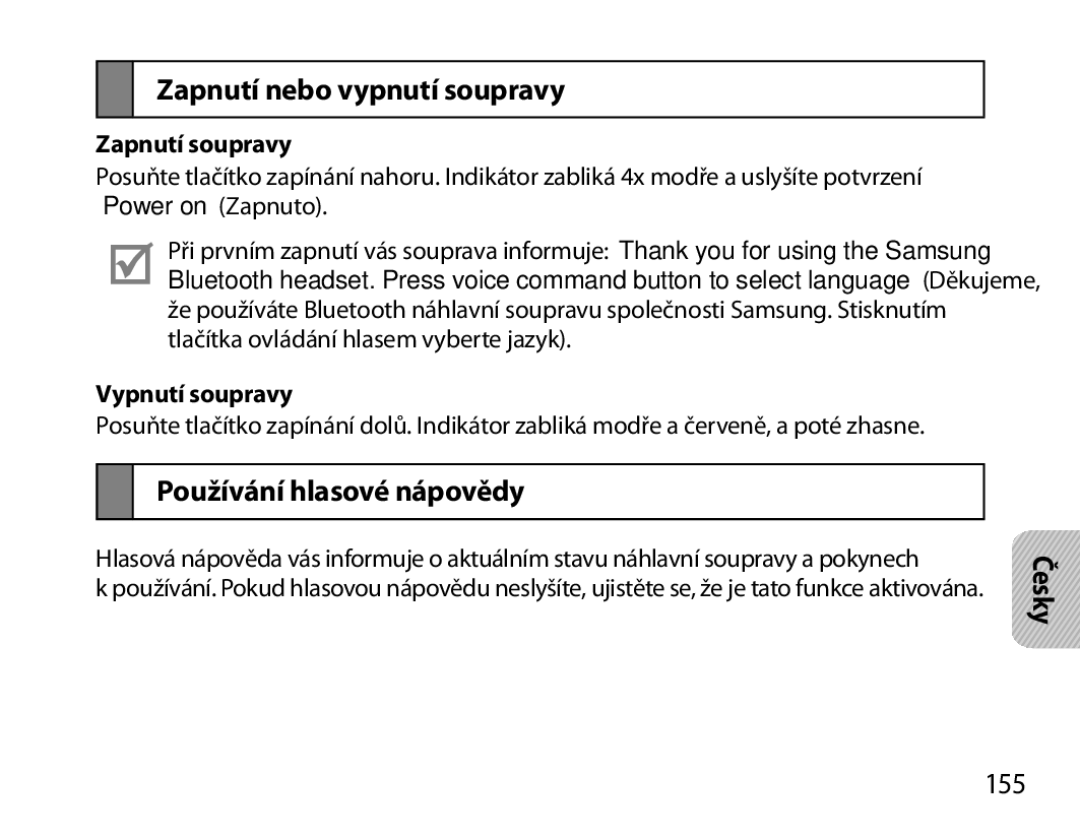 Samsung BHS6000EBECHAT Zapnutí nebo vypnutí soupravy, Používání hlasové nápovědy, 155, Zapnutí soupravy, Vypnutí soupravy 