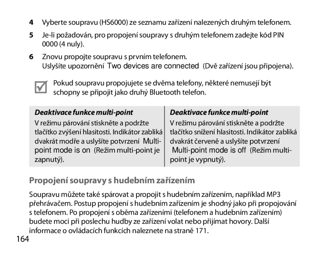 Samsung BHS6000EPECXEH, BHS6000EBECXEF manual Propojení soupravy s hudebním zařízením, 164, Deaktivace funkce multi-point 