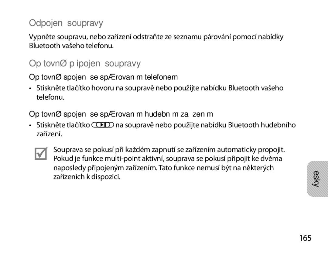 Samsung BHS6000EMECXEH manual Odpojení soupravy, Opětovné připojení soupravy, 165, Opětovné spojení se spárovaným telefonem 