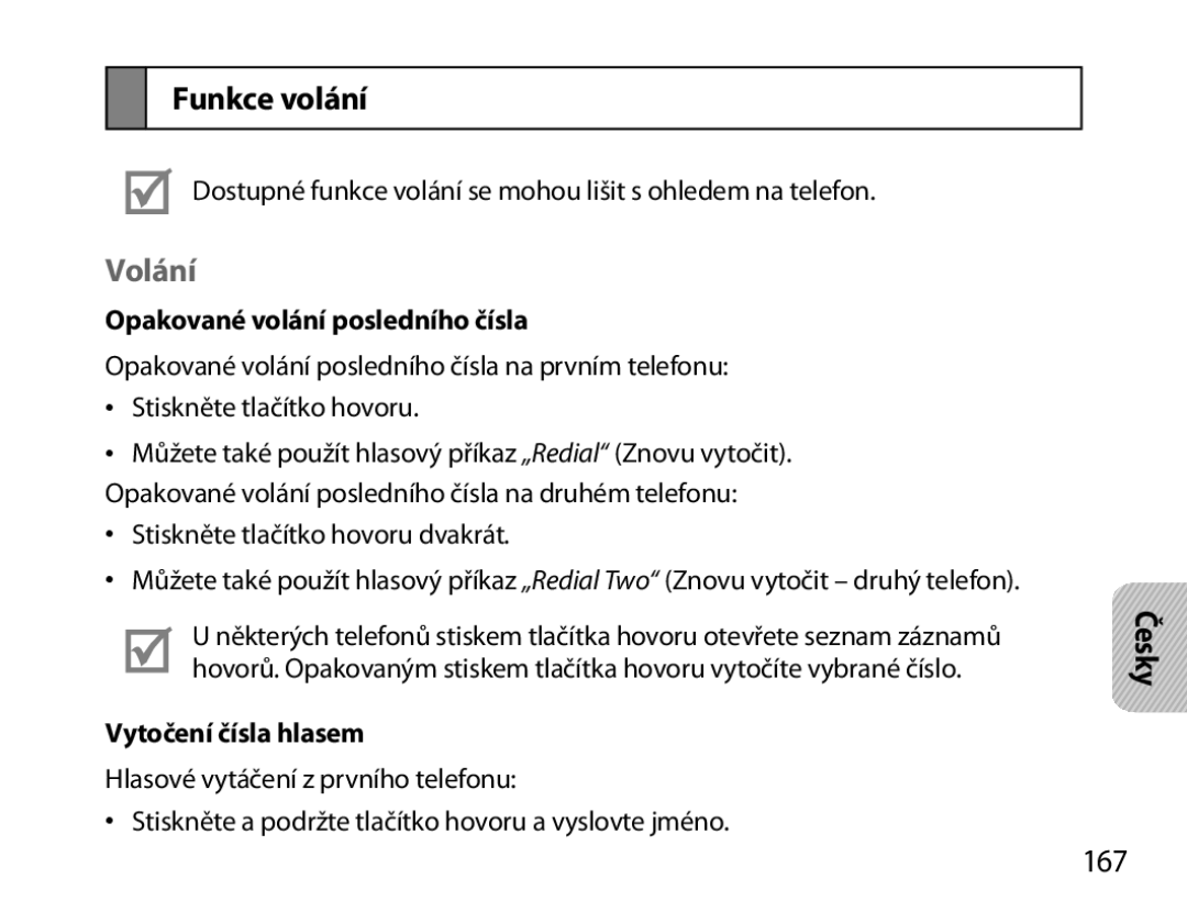 Samsung BHS6000EBECFOP manual Funkce volání, Volání, 167, Opakované volání posledního čísla, Vytočení čísla hlasem 