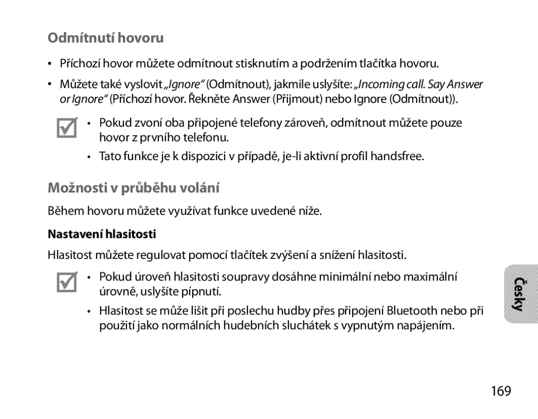 Samsung BHS6000EBECXEH, BHS6000EBECXEF manual Odmítnutí hovoru, Možnosti v průběhu volání, 169, Nastavení hlasitosti 