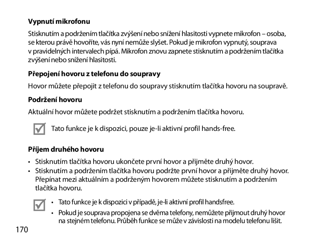 Samsung BHS6000EBECXEE, BHS6000EBECXEF 170, Vypnutí mikrofonu, Přepojení hovoru z telefonu do soupravy, Podržení hovoru 