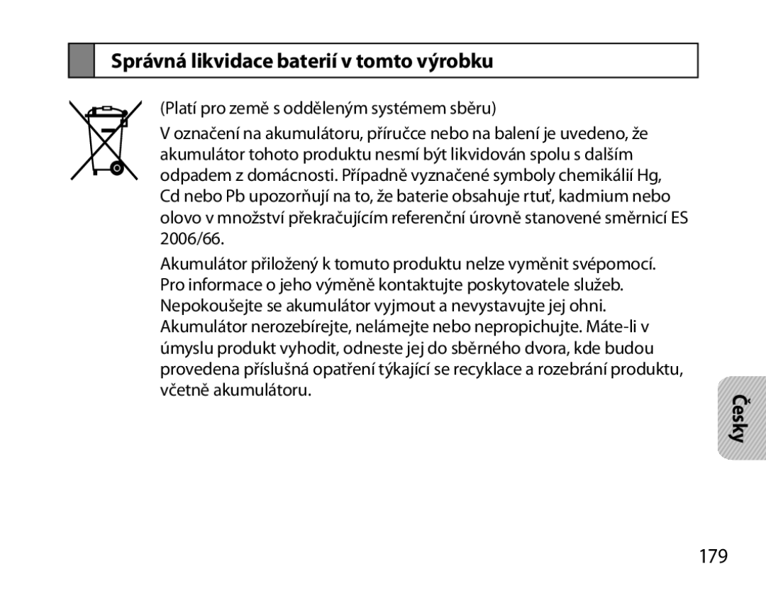 Samsung BHS6000EBECHAT, BHS6000EBECXEF, BHS6000EBECFOP, BHS6000EBECCRO manual Správná likvidace baterií v tomto výrobku, 179 