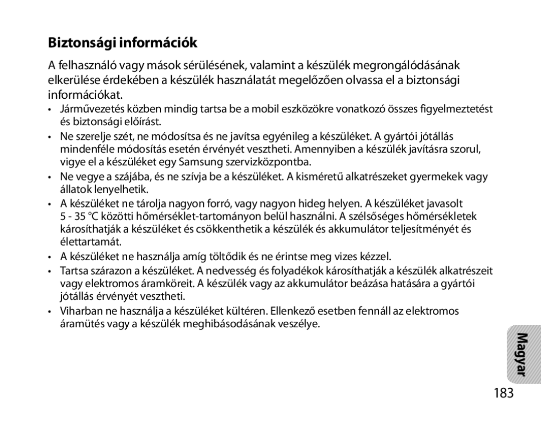 Samsung BHS6000EBECFOP, BHS6000EBECXEF, BHS6000EBECCRO, BHS6000EBECXEH, BHS6000EBECXEE Biztonsági információk, 183, Magyar 