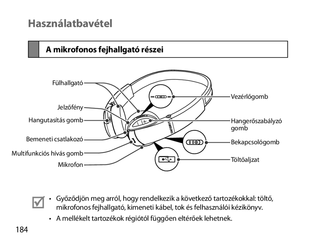 Samsung BHS6000EBECCRO, BHS6000EBECXEF, BHS6000EBECFOP, BHS6000EBECXEH Használatbavétel, Mikrofonos fejhallgató részei, 184 