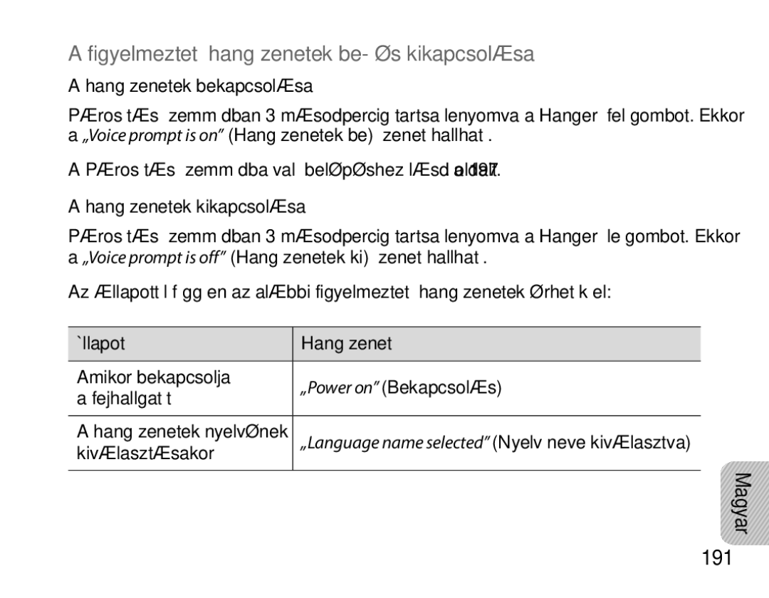 Samsung BHS6000EBECFOP Figyelmeztető hangüzenetek be- és kikapcsolása, 191, Hangüzenetek bekapcsolása, Állapot Hangüzenet 