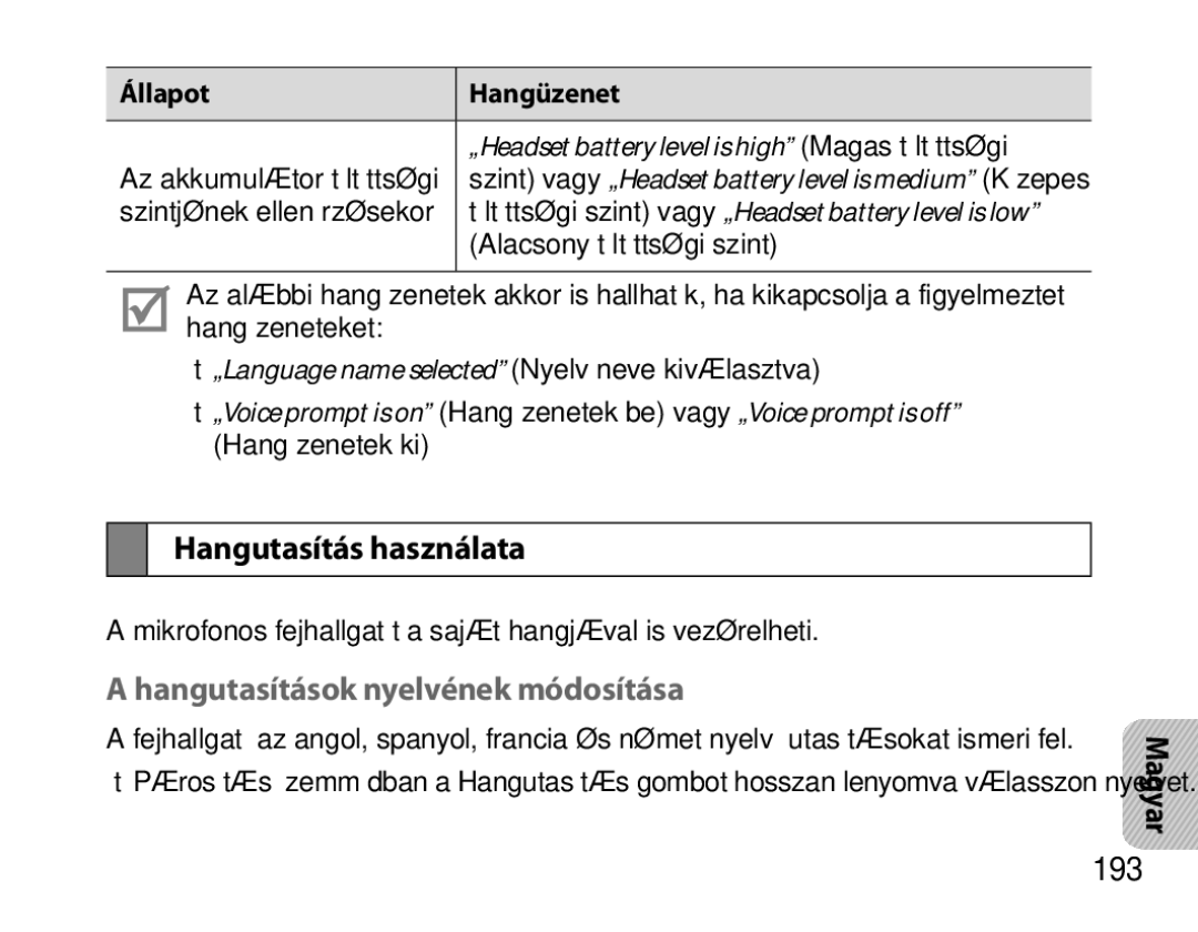 Samsung BHS6000EBECXEH manual Hangutasítás használata, Hangutasítások nyelvének módosítása, 193, Állapot Hangüzenet 