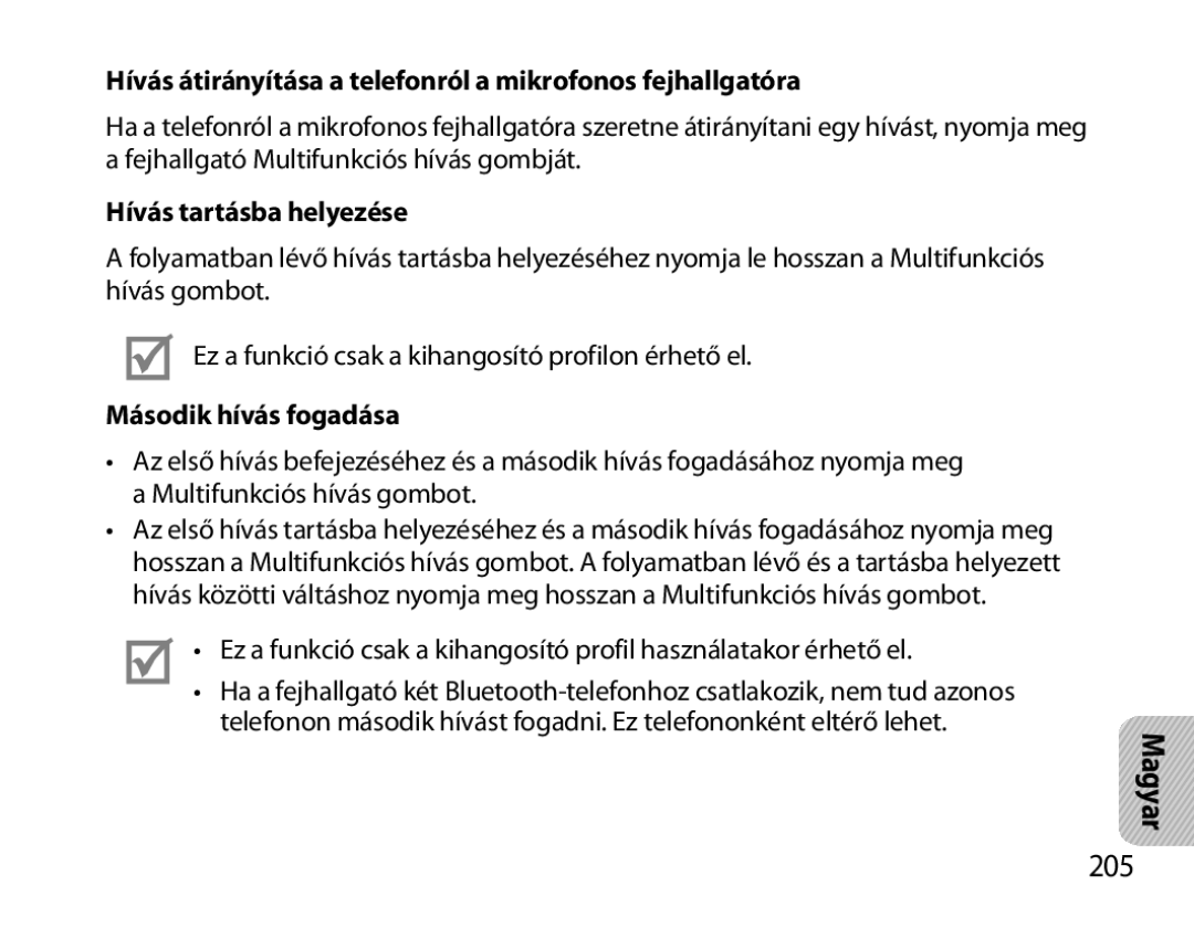 Samsung BHS6000EMECXEH manual 205, Hívás átirányítása a telefonról a mikrofonos fejhallgatóra, Hívás tartásba helyezése 