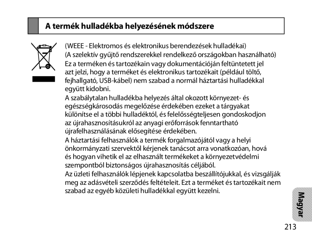 Samsung BHS6000EMECXEH, BHS6000EBECXEF, BHS6000EBECFOP, BHS6000EBECCRO manual Termék hulladékba helyezésének módszere, 213 