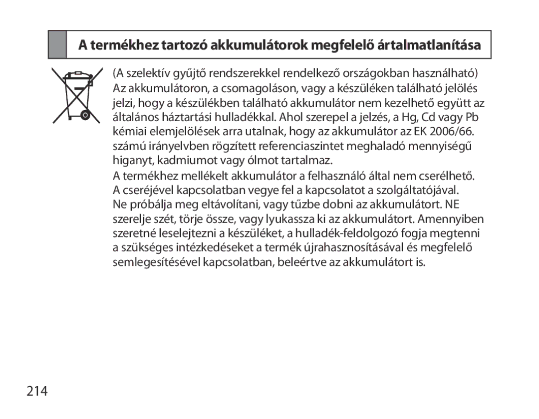 Samsung BHS6000EBECXEF, BHS6000EBECFOP, BHS6000EBECCRO manual Termékhez tartozó akkumulátorok megfelelő ártalmatlanítása, 214 