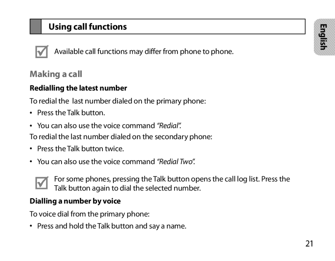 Samsung BHS6000EMECXEH manual Using call functions, Making a call, Redialling the latest number, Dialling a number by voice 